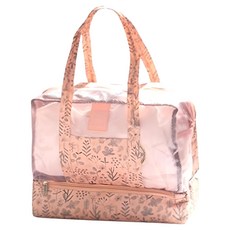 iSFun 防水透視 印花網格大容量旅行袋, 粉紅花園