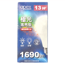 apex Innovation LED極光高亮版低頻閃燈泡 13W 1690lm E27 270°, 黃光, 1個