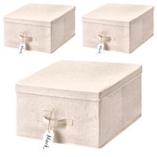 YOUFONE 日式無印棉麻布抽屜式可折疊收納箱, XL(40 x 40 x 25cm), 米色, 3個