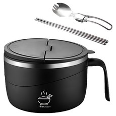 日式帶蓋304不鏽鋼大容量泡麵碗 附餐具 1.2L, 1個, 黑色