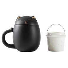 貓咪馬克杯 附杯蓋 + 茶濾 350ml, 1個, 典雅黑
