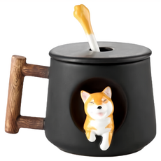 可愛柴犬馬克杯 附攪拌棒 柴犬頭, 黑色, 1個