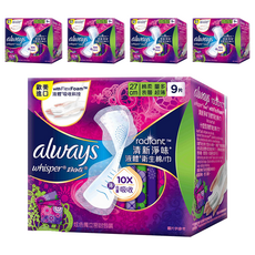 whisper 好自在 Radiant清新淨味 液體衛生棉/巾 棉柔表層 量多超薄 日用型, 27cm, 9片, 5盒