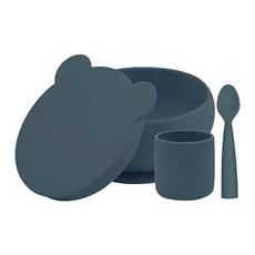 MiNiKOiOi 小美食家碗杯匙3件組, 吸盤碗12 x 6.5cm 300ml + 學習杯6.5 x 7cm 180ml + 湯匙13.2 x 2.7 x 1.6cm, 靜謐藍, 1組