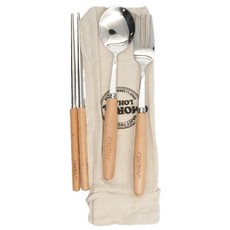 OMORY 溫潤木柄304不鏽鋼日式餐具組, 筷子 + 叉子 + 湯匙 + 收納袋, 1組