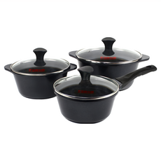 Kitchen-Art 陶瓷湯鍋三件組 附鍋蓋, 單柄鍋 18cm + 雙柄鍋 20cm + 雙柄鍋 24cm, 黑色, 1組