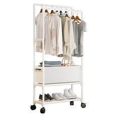 落地型雙排組合衣帽鞋架 附白色布套置物盒 3層, 白色