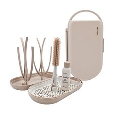 MOTHER-K 攜帶式奶瓶晾乾架, 晾乾盒 + 支架 + 迷你分裝盒 + 迷你矽膠刷頭 + 迷你矽膠手柄, 榛果奶茶色