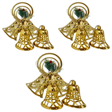 11 雙鐘聖誕花吊飾, 11吋, 金, 3組