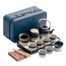麂皮手提旅行箱大套裝 Set, 藍皮箱 漸層提樑, 1組, 一壺六杯 附茶盤