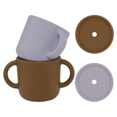 By Lille Vilde 矽膠雙耳杯2件組 附蓋 + 吸管 100%食品級矽膠 耐熱-40°C~230°C 150ml, 咖 + 紫, 1組