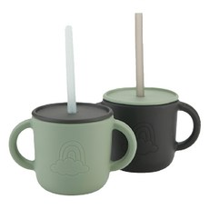by Lille Vilde 矽膠雙耳杯2件組 Set 附蓋 + 吸管, 耐冷熱 -40°C~230°C, 食品級矽膠材質, 灰色 + 綠色, 150ml, 1組