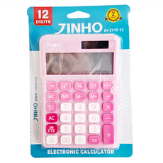 JINHO 京禾 12位元計算機，大型LCD數字顯示，太陽能/電池雙重電源，粉色, 1個
