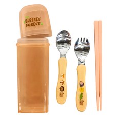 DOUBLEBEAR 台灣晉億 祝福森林 304不鏽鋼無毒餐具組 兒童筷, 粉色, 湯匙 + 叉子 + 筷子 + 收納盒, 1個