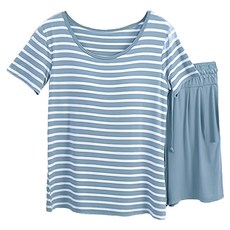 NEW FORCE 莫代爾Bra條紋短袖套裝, XL, 藍色, 親膚舒適, 自帶胸墊設計, 彈力網布支撐, 面料觸感冰涼絲柔滑順, 1套