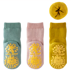 Bebehome 兒童款毛圈防滑地板襪 加厚款防滑3雙組, 黃色，綠色，粉色, L14~16cm