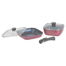 PEARL LIFE 珍珠金屬 Metal 炊具 方形藍鑽塗層5件組 HB-5920, 方形平底鍋20cm + 方形平底鍋24cm + 玻璃蓋20cm + 玻璃蓋 24cm + 手柄, 1組, 紅色