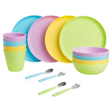 munchkin 滿趣健 繽紛派對餐具組，16件套餐組，適用年齡18個月以上，304不鏽鋼，耐高溫100度, 不鏽鋼湯匙 2支 + 不鏽鋼叉子 2支 + 繽紛餐碗 4個 + 繽紛餐盤 4個 + 繽紛水杯 4個, MNG00028, 1組