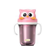 Edison 愛迪生貓頭鷹3D不銹鋼雙握把吸管水杯 300ml, BPA Free, 粉紅色, 1個