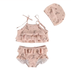 愛北鼻 INS 吊帶分體泳衣 + 泳褲 + 泳帽 粉碎花 80~90cm適用, 90碼/80~90cm