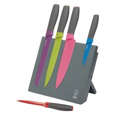 Colourworks 磁吸刀座 + 刀具5件組, 主廚刀 + 切肉刀 + 麵包刀 + 水果刀 + 削皮刀 + 刀座, 1組