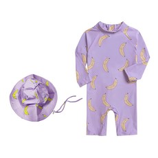 愛北鼻 寶寶連體泳衣 淺紫黃香蕉長袖連體泳衣 附贈遮陽帽 4碼, 淺紫, 1入