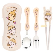 Chiikawa 吉伊卡哇 兒童餐具4件組, 左右手通用學習筷 + 湯匙 + 叉子 + 筷子 + 餐具盒, 混和顏色, 1組