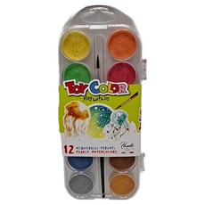 義大利 TOY COLOR 12色珍珠色固態粉餅式水彩盒, 兒童繪畫安全無毒, 1入