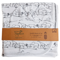 TOUCHED BY nature 有機棉嬰兒抱毯包巾毯 + 帽子組 柔軟彈性, 野生動物