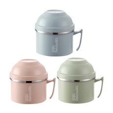 雙層304不鏽鋼保溫泡麵碗 3入 蓋子可當碗 底部採凹凸設計 螺旋卡扣, 粉+綠+藍, 1200ml, 1組