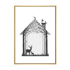 溫暖的家 黑白鹿鳥樹屋壁畫, 木色