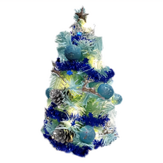 摩達客 耶誕台製迷你裝飾冰藍色聖誕樹 銀藍松果系 含裝飾小樹+LED20燈銅線燈, YS-CT15001, 30cm