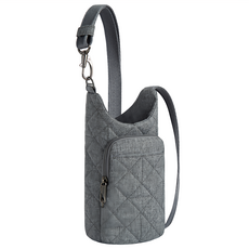 TRAVELON Boho多功能旅遊防盜水壺袋/水瓶袋 多功能收納設計 讓您輕鬆攜帶水壺及隨身物品, 格紋灰色, 1個