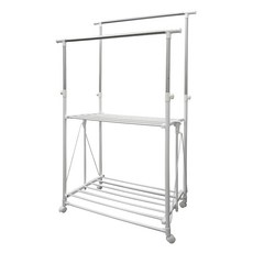 雙手萬能 不鏽鋼秒收雙桿活動衣架 附活動輪 寬度高度皆可調整, 高95~170 x 寬88~150 x 深50cm, 白色