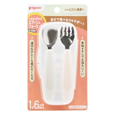 pigeon 貝親 寶寶不鏽鋼餐具組 湯匙*1+叉子*1+收納盒*1, 白色 + 米色, 1組