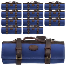 雙中鐵店 超值瘋馬牛皮+帆布帥氣廚師刀包 Set 12支，適合25cm刀具，防水, 43.5 x 17 x 5cm 寶藍色