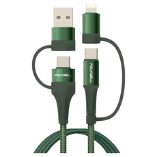 POLYWELL 寶利威爾 USB-C/Lightning/USB-A 四合一PD編織快充線 PW15-W45-A275, 2m, 綠色, 1條