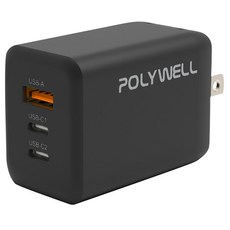 POLYWELL 寶利威爾 三孔 2C1A 快充頭 PW15-T05-A023, 黑色, 1個