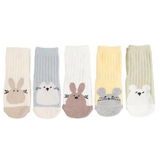 VIVA7 兒童止滑襪 Set 5雙, 底部雲朵造型防滑, 適合送禮, 黃色 + 米色 + 綠色 + 藍色 + 奶油色, 2號 120~140mm