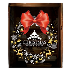 摩達客 麋鹿聖誕花圈 靜電玻璃貼, 紅色蝴蝶結