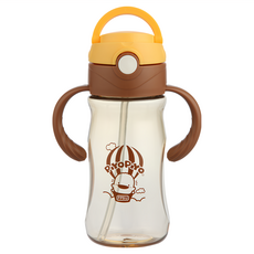 PiYOPiYO 黃色小鴨 夢想高飛PPSU握把水杯, PPSU醫療級原料, 彈跳杯蓋, 握把防滑線條設計, 握把可拆除, 棕色, 330ml, 1個