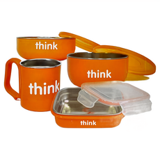 thinkbaby 環保不鏽鋼兒童餐具組 BPA Free, 碗+杯子+便當盒+湯匙, 橘色, 1組