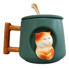 Royal Duke 浮雕彩繪可愛貓咪陶瓷馬克杯 附蓋 + 匙 綠色 420ml, 1組