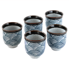 JUST HOME 日式浪紋陶瓷180ml湯吞杯5件組, 藍彩浪紋, 1組