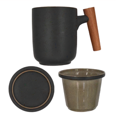 木尚 茶水分離杯 木柄杯 陶瓷, 黑色, 1個
