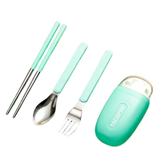 環保不鏽鋼外出隨身餐具組 (叉子 + 湯匙 + 筷子 + 盒子) 方便攜帶, 綠色, 1組