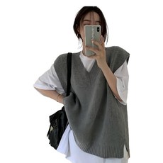 V領開岔素色外搭毛衣背心, 肩寬46cm 胸寬58cm 全長68-70cm, 灰色