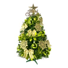 摩達客 耶誕 特仕幸福型裝飾綠色聖誕樹, 果綠金雪系全套飾品 + 50燈LED銅線燈串, USB電池盒兩用充電, 2呎(60cm), 綠色 + 金色