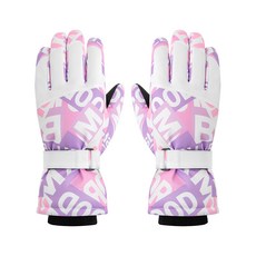 六層鎖溫滑雪保暖手套, 全掌PU防滑，舒適耐磨，五指觸屏設計, L(28 x 11.5cm), 粉紫字母, 1雙