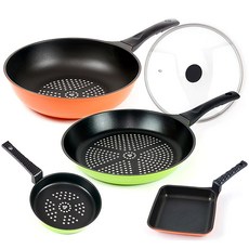 Kitchenarte 平底鍋附鍋蓋 5件組, 綠色+橘色+透明鍋蓋, 平底鍋 28cm+深型平底鍋 28cm+圓形煎蛋鍋 16cm+方形煎蛋鍋 16*16cm+玻璃鍋蓋 28cm, 1組